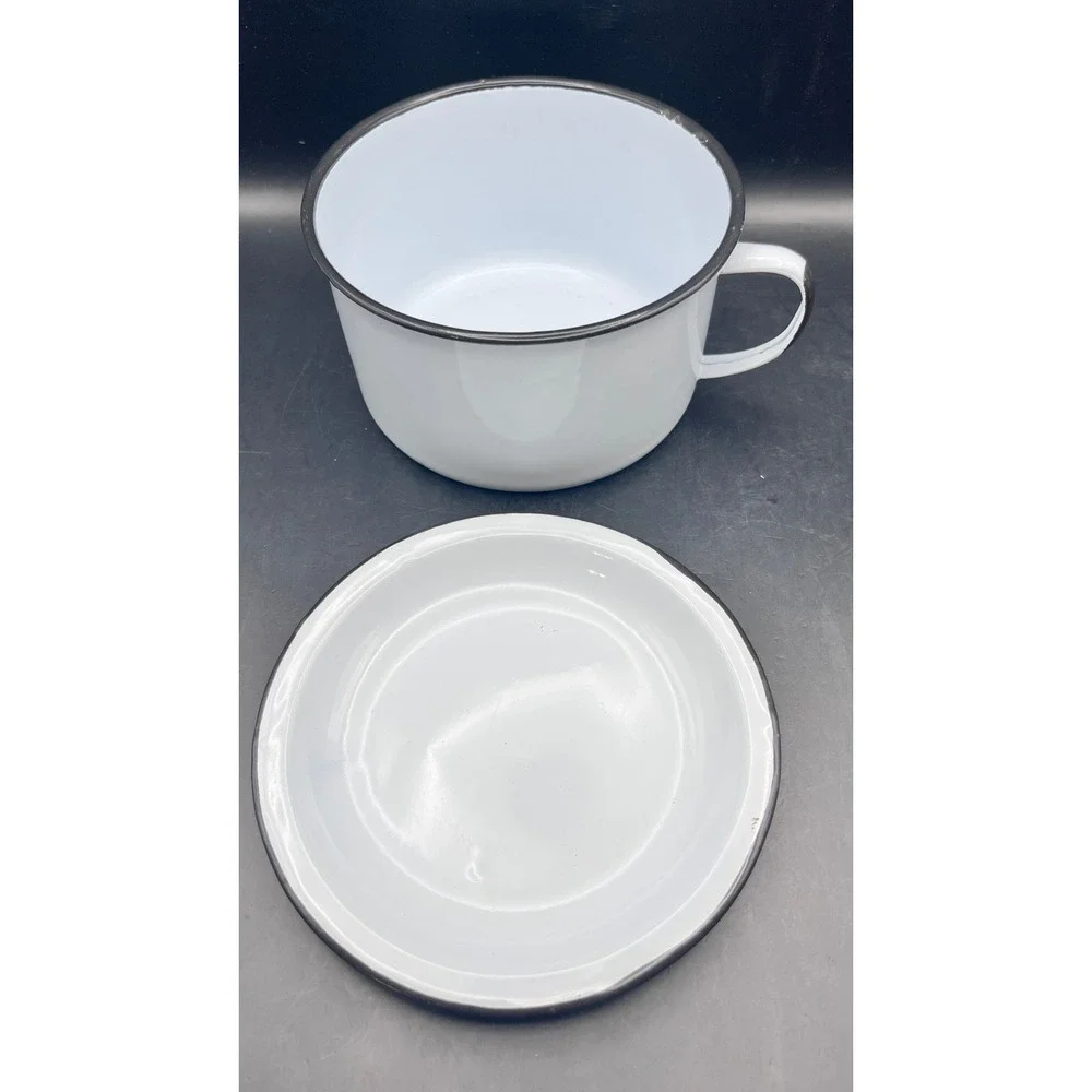 Vtg 2 Pc Enamel Soup Mug Saucer/Plate/Lid Set White‎ Black Trim Camp Kitchenware